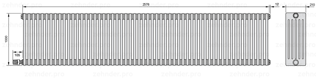 Схема (чертеж) Радиатор Zehnder Charleston 6100/56 №V003 Белый глянцевый RAL 9016